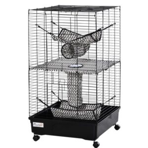 PawHut Small Animal Cage Habitat for Ferret with Wheels Hammocks Tunnels and 3 Doors, Black