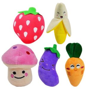 5pcs Squeaky Dog Toys Fruits and Vegetables Plush Puppy Dog Toys (Carrot & Banana & Eggplant & Strawberry & Mushroom) Random Color