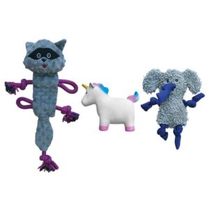 rocket & rex No Stuffing Dog Toy | Unstuffed Dog Toys Bundle with Squeakers | Set includes a Stuffing Free Rope Toy, Rubber Squeaker Toy and Plush Toy | For Small to Medium Breeds