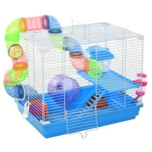 Pawhut 2-Level Hamster Cage Gerbil House Habitat Kit Small Animal Travel Carrier with Exercise Wheel, Play Tubes, Water Bottle, Food Dishes, & Interior Ladder