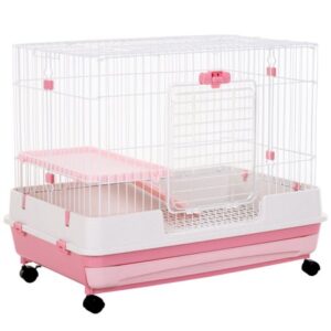 Pawhut 32”L Small Animal Rabbit Cage with Wheels, Pink, 2-Level, Indoor