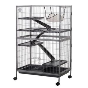 Pawhut 50” 4 Tier Steel Plastic Small Animal Pet Cage Kit with Wheels, Silver Gray Hammertone