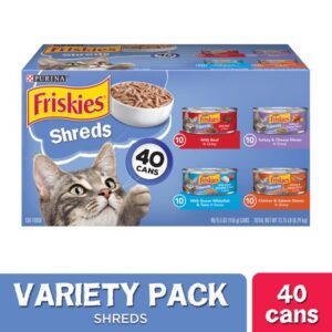 (40 Pack) Friskies Wet Cat Food Variety Pack, Shreds Beef, Turkey, Whitefish, and Chicken & Salmon, 5.5 oz. Cans