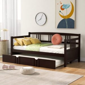 Twin Size Daybed Kids Daybed with Trundle – Solid Wood Daybed Kids Bed | Multifunctional | Espresso