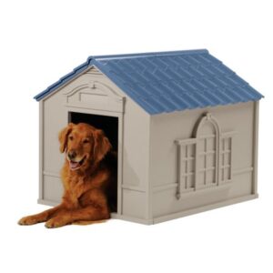 Suncast Deluxe Indoor & Outdoor Dog House for Medium/Large Breeds, Tan/Blue