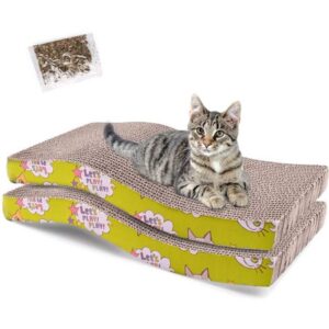 2 Pack Cat Scratcher Cardboard, Recycle Corrugated Cat Scratching Pad, Wave Shaped Reversible Kitty Cat Scratch Pad Lounger Sofa for Furniture Protector, Catnip Included