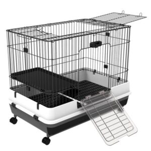 Pawhut 32”L 2-Level Indoor Small Animal Rabbit Cage with Wheels, Black