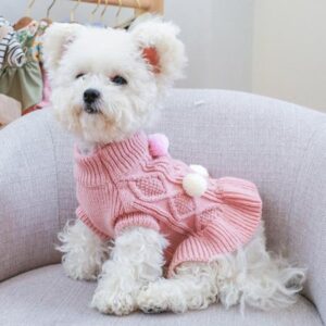 Dogs Sweater Dress With Bowtie Checkered Winter Sweater Clothes Apparel for Small Puppy Chihuahua Corgi Pink XS