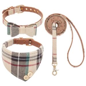 Dogs Collars and Leash Set, 3 Pieces Pack Adjustable Dogs Bandana and Bow Tie Design Collars with Bell for Small Medium Large Dog,Puppies