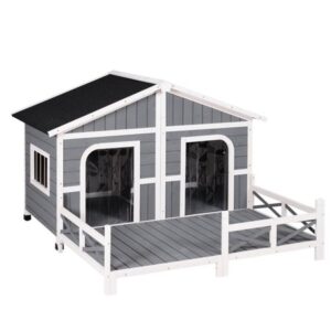 PawHut Wooden Large Dog House, Perfect for the Porch or Deck, 59″ L, Grey