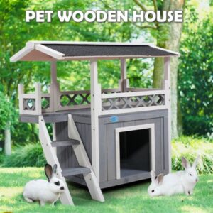 Topcobe Dog House, Outdoor Weather-Resistant Cat Condo Pet House, Natural Wooden Dog House Home with Steps Balcony Puppy Stairs