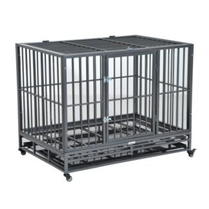 PawHut Heavy Duty Steel Dog Crate with Wheels, Gray, Large, 42″L