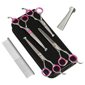 GEMEK Dog Grooming Scissors Set, 4CR Stainless Steel Safety Round Tip Pet Professional Grooming Tool 5 Pieces Kit – Straight, Curved, Thinning Shears & Comb for Dogs, Cats and Other Animals