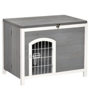 Pawhut Foldable Raised Wooden Dog House with Lockable Door, Openable Roof, Gray