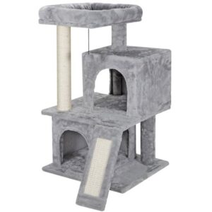 ZENSTYLE 34″ Cat Tree Tower Multiple Cats Scratcher Gray Cat Condo Play House Perch Plush with Ladders