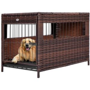 DEStar Heavy Duty PE Rattan Wicker Pet Dog Cage Crate Indoor Outdoor Puppy House Shelter with Removable Tray and UV Resistant Cover, Medium