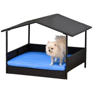 PawHut Wicker Dog House Raised Rattan Bed for Indoor/Outdoor with Cushion Lounge, Blue