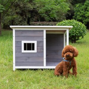 MASBEKTE Dog House Outdoor Wooden Pet House Shelter with Door for Medium Dogs, 33.46″L x 22.83″W x 24.81″H, Natural