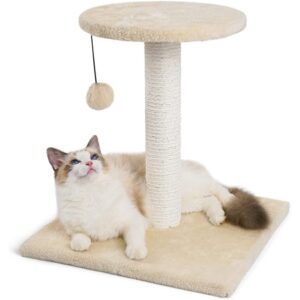 TINGOR Cat Scratching Post, 17″ Cat Scratcher Sisal Cat Post for Indoor Cats, Kitten Scratch Post Tower with Perch & Toy Ball, Small Cats Claw Scratcher with Plush for Climb Play Rest, Beige