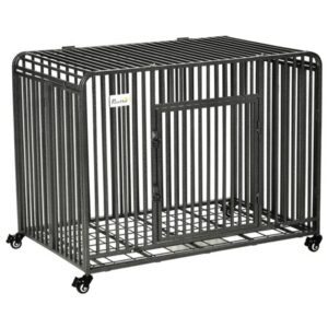 PawHut 43″ Heavy Duty Dog Cage, Foldable Steel Crate Kennel with Removable Tray, Double Doors, 4 Lockable Wheels for Medium & Large Dogs, Dark Silver