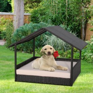 Ulax Furniture Indoor Outdoor Wicker Dog House Rattan Raised Bed Pet Playpens Shelter with Cushion for Small Animals（Beige）