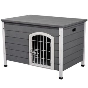 Pawhut 21” Wooden Decorative Dog Cage Kennel Wire Door with Lock Small Animal House with Openable Top Removable Bottom Gray