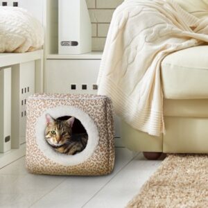 Petmaker Covered Pet Cat Bed, Tan/White Animal Print