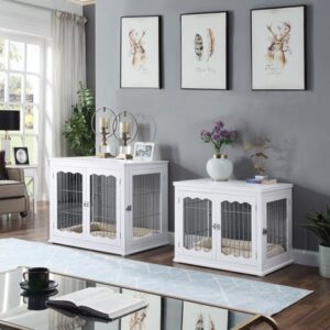 Unipaws Large Dog Crate, Pet Kennel Furniture Style, Metal Wired, White