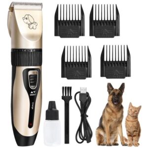 Dog Clippers, USB Rechargeable Cordless Electric Pets Hair Trimmers Shaver Shears for Dogs and Cats, Quiet Pet Grooming Clipper (Gold)