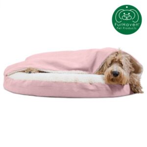 FurHaven Pet Dog Bed | Orthopedic Faux Sheepskin Snuggery Burrow Pet Bed for Dogs & Cats, Pink, 35-Inch