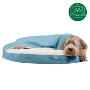 FurHaven Pet Dog Bed | Orthopedic Faux Sheepskin Snuggery Burrow Pet Bed for Dogs & Cats, Blue, 35-Inch