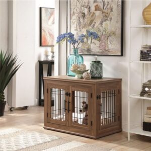 Unipaws Pet Crate End Table, Double Doors Wooden Wire Dog Kennel with Pet Bed, Medium Dog Crate