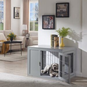 Unipaws Dog Crate End Table with Cushion, Wooden Wire Pet Kennels with Double Doors, Modern Design Dog House, Medium Indoor Use, Gray