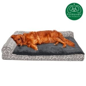 FurHaven Pet Products, Deluxe Cooling Gel Memory Foam Orthopedic Southwest Kilim L-Shaped Chaise Couch Bed for Dogs & Cats, Boulder Gray, Jumbo