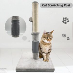 29″ Tall Cat Scratching Post Scratch Pole with PVC Grooming Brush and Hanging Ball Cat Claw Scratcher with 3mm Sisal Rope – 15.7″ Longer & Thicker Bottom Plate(Gray)