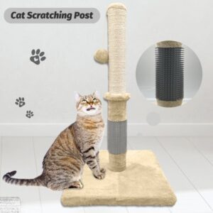 29″ Tall Cat Scratching Post Scratch Pole with PVC Grooming Brush and Hanging Ball Cat Claw Scratcher with 3mm Sisal Rope – 15.7″ Longer & Thicker Bottom Plate(Beige)