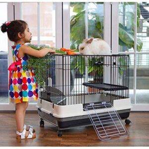 Large 2-Level Indoor Small Animal Pet Cage for Guinea Pig Ferret Chinchilla Cat Playpen Rabbit Hutch with Solid Platform & Ramp, Leakproof Litter Tray, 2 Large Access Doors, Lockable Casters