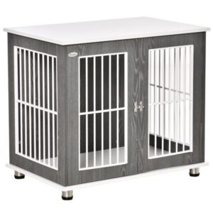 PawHut 34” Wooden Dog Cage Wire Pet Kennel Crate with Door and Lock Grey