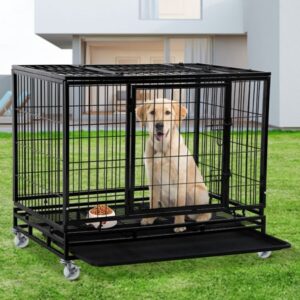 42 inch Heavy Duty Dog Cage XL Dog Crate and Kennels with Wheels & Tray Dog Kennel with Double Doors for Dog Training