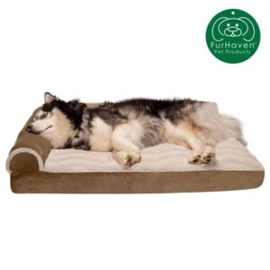 FurHaven Pet Products, Deluxe Orthopedic Wave Fur & Velvet L-Shaped Chaise Couch Pet Bed for Dogs & Cats, Brownstone, Jumbo