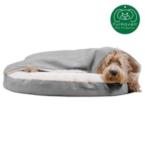 FurHaven Pet Dog Bed | Orthopedic Faux Sheepskin Snuggery Burrow Pet Bed for Dogs & Cats, Gray, 35-Inch