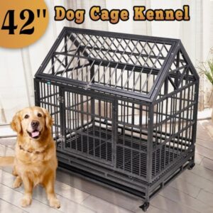 Coziwow 42″ Heavy Duty Dog Crate Metal Kennel Tip Roof w/Wheels &Tray, Black