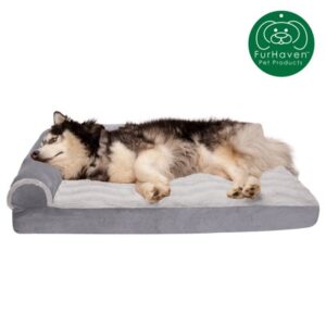 FurHaven Pet Products Dog Bed, Deluxe Orthopedic Wave Fur & Velvet L-Shaped Chaise Couch Pet Bed for Dogs & Cats, Granite Gray, Jumbo