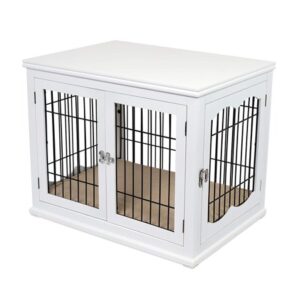 Internet’s Best Double-Door Wooden Wire Dog Crate Side Table, White, Small, 32″L