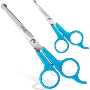 BOSHEL Dog Grooming Scissors Set – 2 Pet Scissors with Safe Rounded Tips – 1 Small Micro Serrated + 1 Large 7″ Straight Dog Scissor