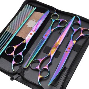 Willstar Dog Grooming Scissors, 7 Inches Pet Stainless Steel Curved Scissor Suit Provided with Curved Thinning Shear and Steel Grooming Comb Set