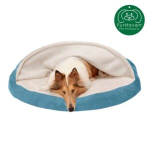 FurHaven Pet Dog Bed | Orthopedic Faux Sheepskin Snuggery Burrow Pet Bed for Dogs & Cats, Blue, 44-Inch