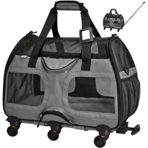 Katziela Luxury Rider Pet Carrier with Removable Wheels – Telecopic Handle – Airline Approved (Gray)