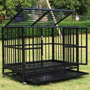 37″ Dog Crate Pet Cage Heavy Duty Metal Black Pet Cannel Playpen Two Doors with Wheels