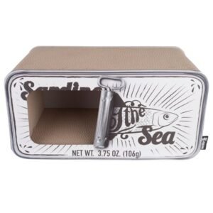 District 70 Sardine Corrugated Cardboard Cat Scratcher, Unique 2-in-1 Scratch Pad and Cave Hideaway, Cozy and Private, Scratch, Lounge, Hide and Play – White